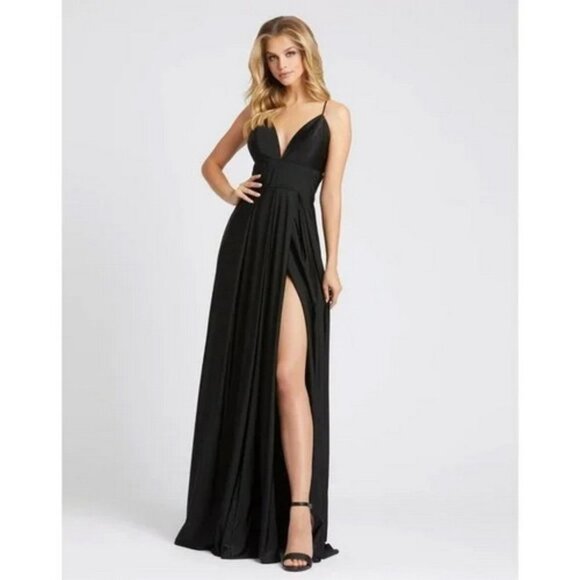 Ieena For Mac Duggal Black Deep V-Neck High Slit Sleeveless Gown